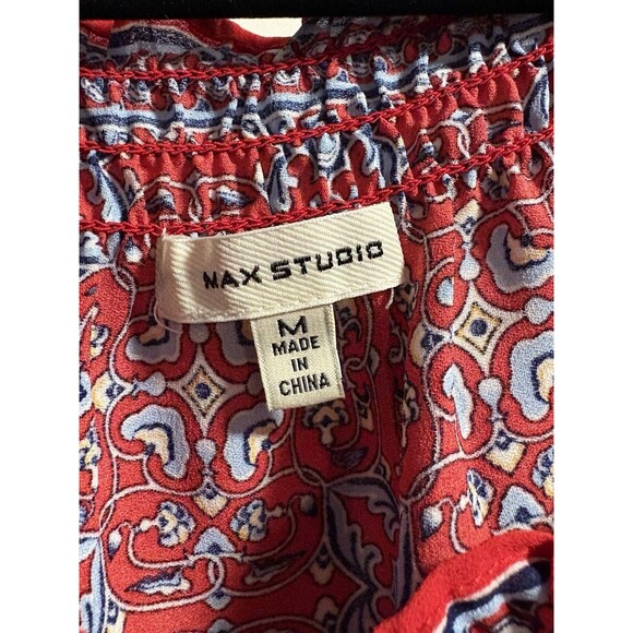 MAX STUDIO Off The Shoulder Top Blouse Womens Large  3/4 Sleeve Red Blue Print - Picture 3 of 5